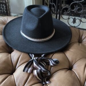 Anthropologie Black Rancher Wide Brim Hat with Striped Ribbon